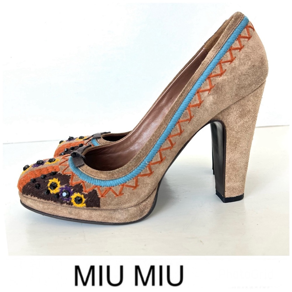 MIU MIU Vintg Taupe Suede Multicolor Embroidery Beaded Platform Pump Heels Sz 39